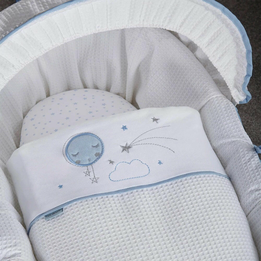 Clair de Lune Over The Moon Moses Basket - Grey Wicker Blue - showing the `Over The Moon` embroidered design