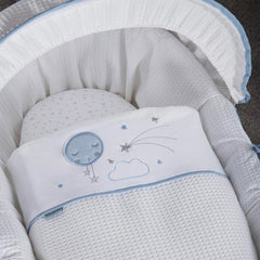 Clair de Lune Over The Moon Moses Basket - Grey Wicker Blue - showing the `Over The Moon` embroidered design
