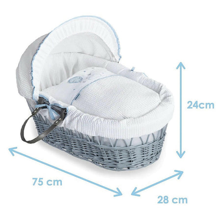 Clair de Lune Over The Moon Moses Basket - Grey Wicker Blue - showing the basket`s dimensions