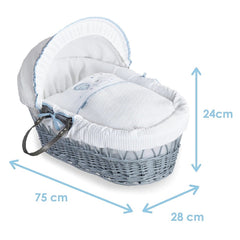 Clair de Lune Over The Moon Moses Basket - Grey Wicker Blue - showing the basket`s dimensions