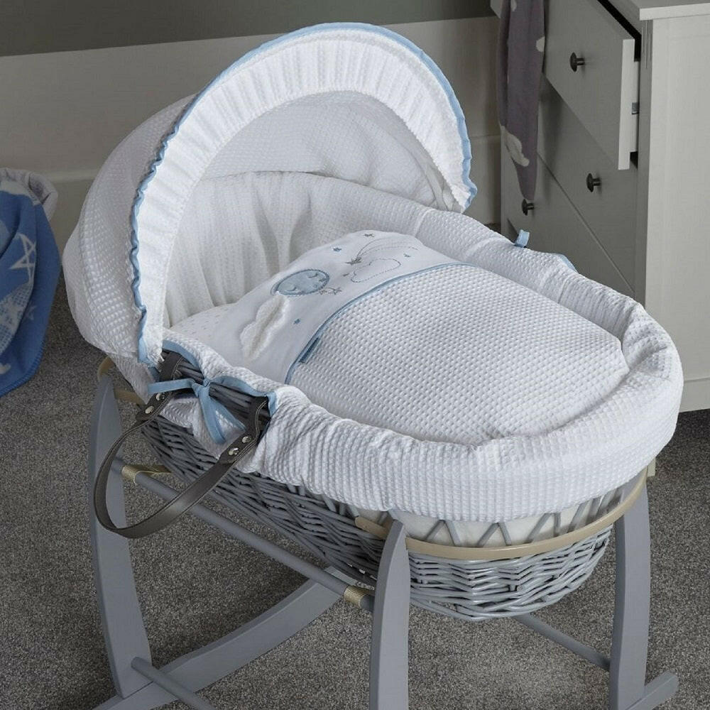 Clair de Lune Over The Moon Moses Basket Grey Wicker Blue