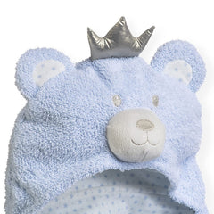 Clair de Lune Little Bear Hooded Baby Blanket (Blue) - showing the hood with its cute bear face, ears and crown