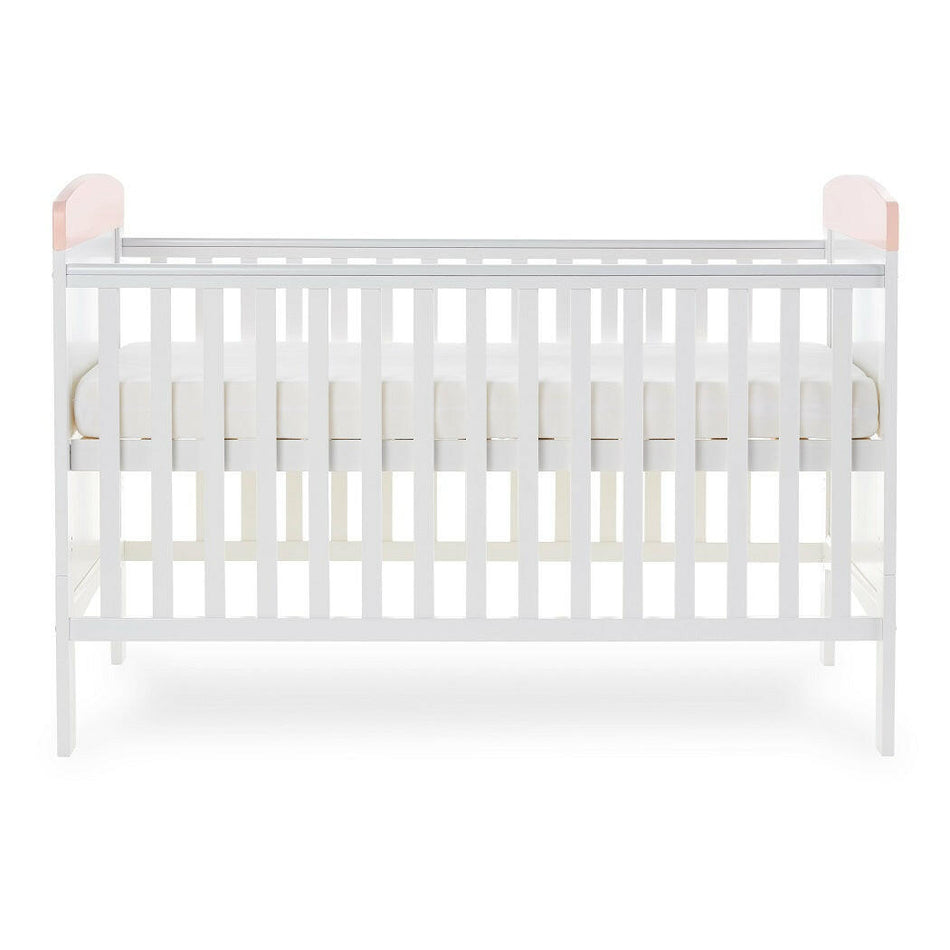 Obaby Grace Inspire Cot Bed (Guess I Can Hop) - side view, shown here with the mattress base at its highest level (mattress not included, available separately)