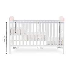 Obaby Grace Inspire Cot Bed (Guess I Can Hop) - side view, showing the three mattress base depths from the top of the rails
