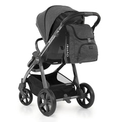 BabyStyle Oyster 3 Back Pack (Fossil) - showing the back pack hanging from the pushchair`s chassis using the attached hooks