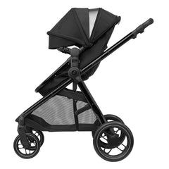 Maxi-Cosi Zelia3 Luxe Pushchair (Twillic Black) - side view, showing the pushchair in forward-facing mode with the hood fully extended and showing the ventilation panel