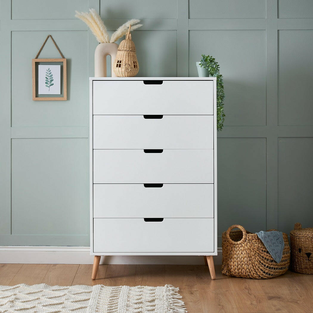 Obaby Maya Tall Boy (White with Natural) - lifestyle image (accessories not included)