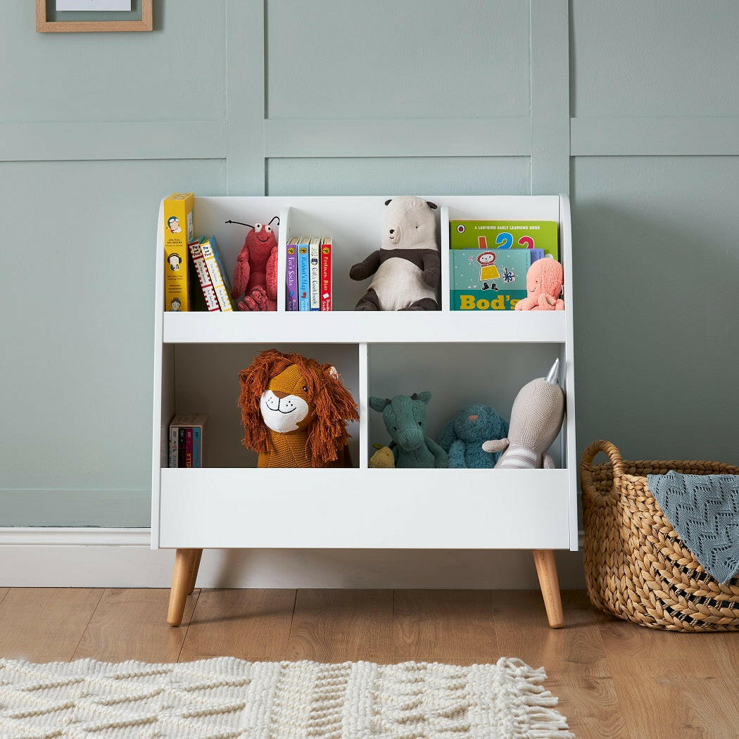 Obaby Maya Toy Storage Unit (White with Natural) - lifestyle image (toys, books and accessories not included)