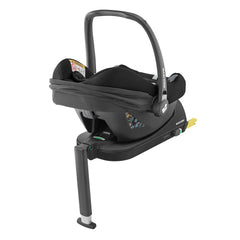 Maxi-Cosi CabrioFix i-Size Infant Carrier & ISOFIX Base (Essential Black) - rear view, showing the car seat fixed onto its base