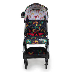 Cosatto Woosh 3 Stroller (Disco Rainbow) - front view, showing the colourful stroller with the cup holder on the left and the magic bell on the right