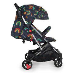 Cosatto Woosh 3 Stroller (Disco Rainbow) - side view, shown here with the seat reclined, the hood fully extended and the leg rest raised