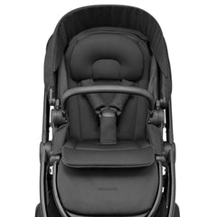 Maxi-Cosi Adorra2 Luxe Travel System Bundle (Twillic Black) - showing the pushchair`s seat with its 5-point safety harness and bumper bar