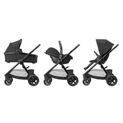 Maxi-Cosi Adorra2 Luxe Travel System Bundle (Twillic Black) - showing the chassis with the carrycot, car seat and seat unit fitted
