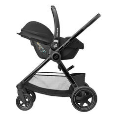 Maxi-Cosi Adorra2 Luxe Travel System Bundle (Twillic Black) - showing the car seat fixed onto the pushchair`s chassis
