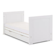 Obaby Nika Under Drawer (White Wash) - showing the under drawer with the Nika Mini Cot/Toddler Bed in White Wash (mini cot bed not included, available separately)
