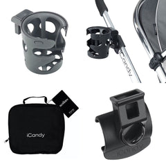 iCandy Lime Lifestyle Summer Bundle (Black) - showing the included cupholder, insect cover within its carry bag and adaptor