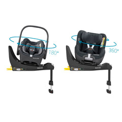Maxi-Cosi FamilyFix 360 Base (ISOFIX) - side view, showing the base`s rotating function with a Pebble 360 and also a Pearl 360 car seat (seats not included, available separately)