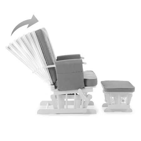 Obaby Deluxe Reclining Glider Chair & Stool (White with Grey) - side view, showing the seat`s reclining ability