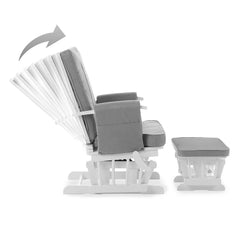 Obaby Deluxe Reclining Glider Chair & Stool (White with Grey) - side view, showing the seat`s reclining ability