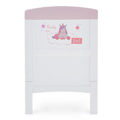 Obaby Grace Inspire Mini Cot Bed (Ready For Bed - Unicorn) - showing the cot`s colourful end panel