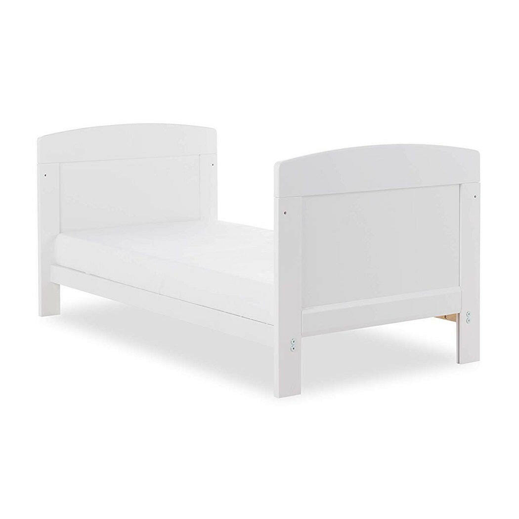 Obaby Grace Mini Cot Bed (White) - quarter view, shown here as the junior bed (mattress not included, available separately)
