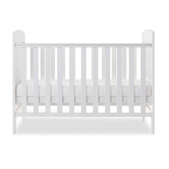 Obaby Grace Mini Cot Bed (White) - side view, shown with the mattress base at its middle level (mattress not included, available separately)