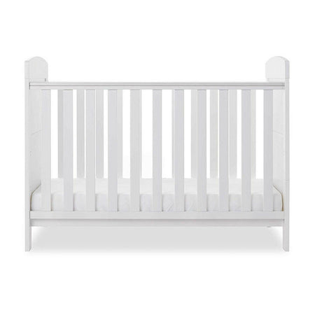 Obaby Grace Mini Cot Bed (White) - side view, shown with the mattress base at its lowest level (mattress not included, available separately)