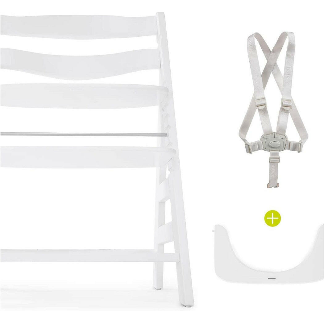 Hauck Alpha+B Wooden Highchair (White) - showing the highchair with its safety harness and protection bar