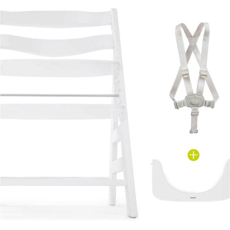 Hauck Alpha+B Wooden Highchair (White) - showing the highchair with its safety harness and protection bar