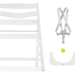 Hauck Alpha+B Wooden Highchair (White) - showing the highchair with its safety harness and protection bar