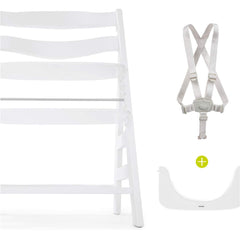 Hauck Alpha+B Wooden Highchair (White) - showoing the highchair with its safety harness and protection bar