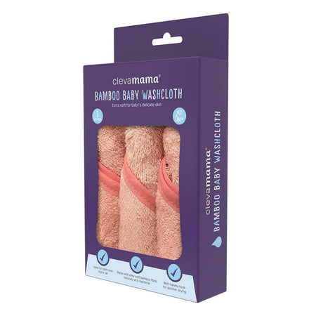ClevaMama Bamboo Baby Washcloths - Set of 3 (Coral) - shown here in their packaging