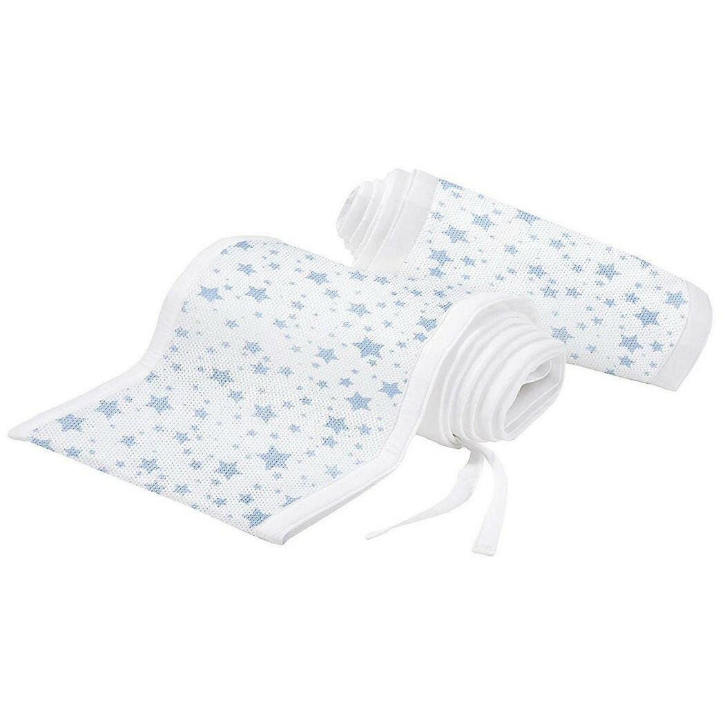 Breathable Baby Mesh Liner - 4 Sided (Twinkle Stars Blue) - showing the tie straps which attach the panels to a cot