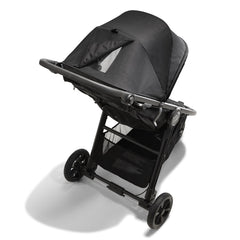 Baby Jogger City Mini® GT2 Single Stroller (Opulent Black) - rear view, showing the ventilation peek-a-boo window in the canopy and its large storage basket