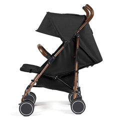 Ickle Bubba Discovery MAX Stroller (Rose/Black/Tan) - showing the stroller with the back fully reclined, leg rest raised and hood extended