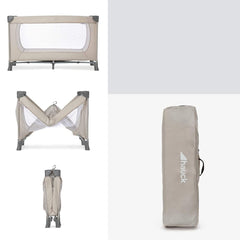 Hauck Dream n Play Travel Cot (Beige) - showing the cot assembled, folded and stored within its travel bag
