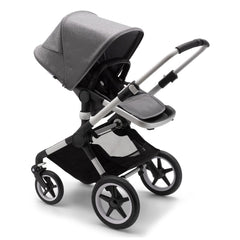 Bugaboo Fox 2 (Grey Melange/Aluminium) - quarter view, showing the stroller in parent-facing mode with the seat reclined