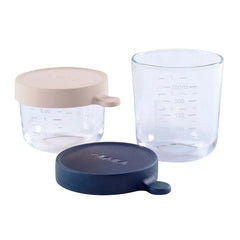 BEABA Babycook® Neo - Weaning Bundle (Night Blue) - showing the conservative glass jars with their included airtight lids (150ml in pink and 250ml in dark blue)