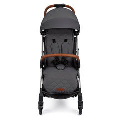 Ickle Bubba Gravity Stroller (Silver/Graphite/Tan) - showing the stroller`s quilted seat, safety harness and bumper bar