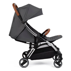 Ickle Bubba Gravity Stroller (Silver/Graphite/Tan) - shown with the seat fully reclined, leg rest raised and hood extended