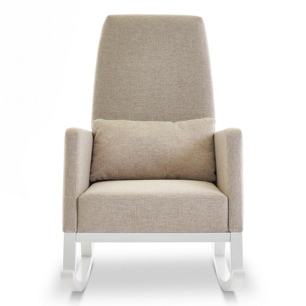 Obaby High Back Rocking Chair (White with Oatmeal) - front view, showing the chair`s armrests and high back with the included cushion