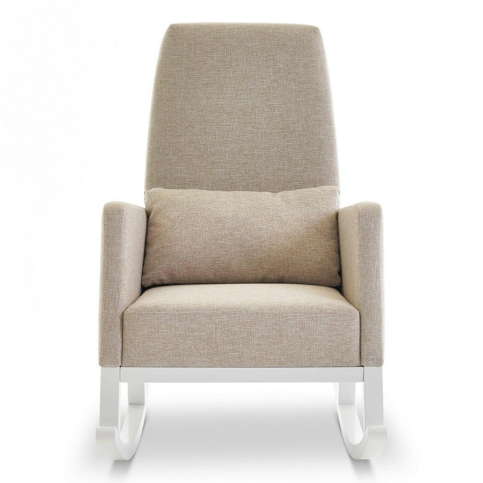 Obaby High Back Rocking Chair (White with Oatmeal) - front view, showing the chair`s armrests and high back with the included cushion
