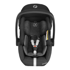 Maxi-Cosi Marble i-Size Infant Carrier with Base (Essential Black) - front view, showing the infant carrier and its newborn inlay