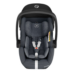 Maxi-Cosi Marble i-Size Infant Carrier with Base (Essential Graphite) - front view, showing the infant carrier and its newborn inlay