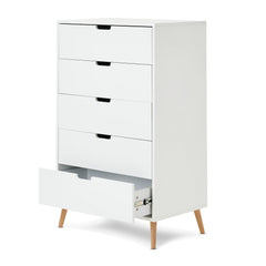 Obaby Maya Tall Boy (White with Natural) - shown here with one drawer opened to reveal its spacious interior