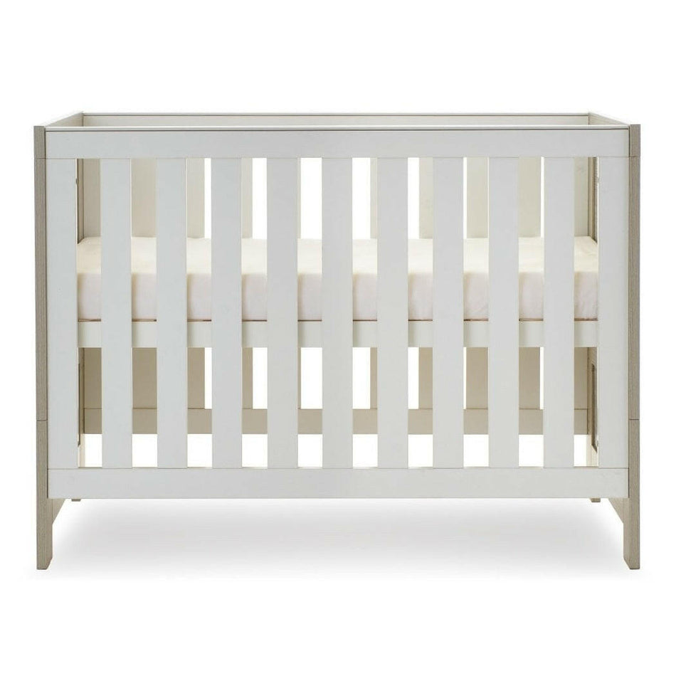 Obaby Nika Cot Bed - Grey Wash & White - with mattress base at its highest level