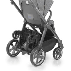 BabyStyle Oyster3 Ride On Board (Black) - showing the board attached to an Oyster 3 pushchair and folded up (pushchair not included, available separately)