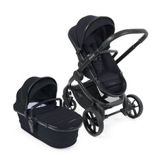 iCandy Peach 7 Pram Pushchair Summer Bundle (Black Edition) - showing the carrycot and parent-facing pushchair