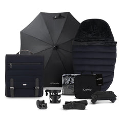 iCandy Peach 7 Pram Pushchair Summer Bundle (Black Edition) - showing the included matching accessories