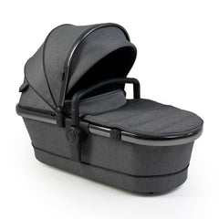 iCandy Peach Phantom Pushchair & Carrycot (Dark Grey Twill) - quarter view, showing the carrycot